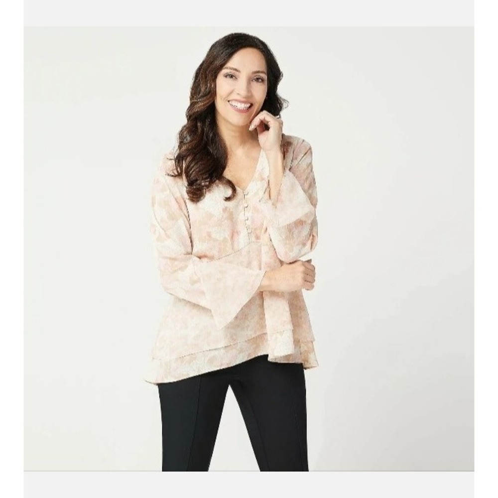 H by Halston Printed V-Neck Double Layer Flounce Top Sand.Reg 14 A350236